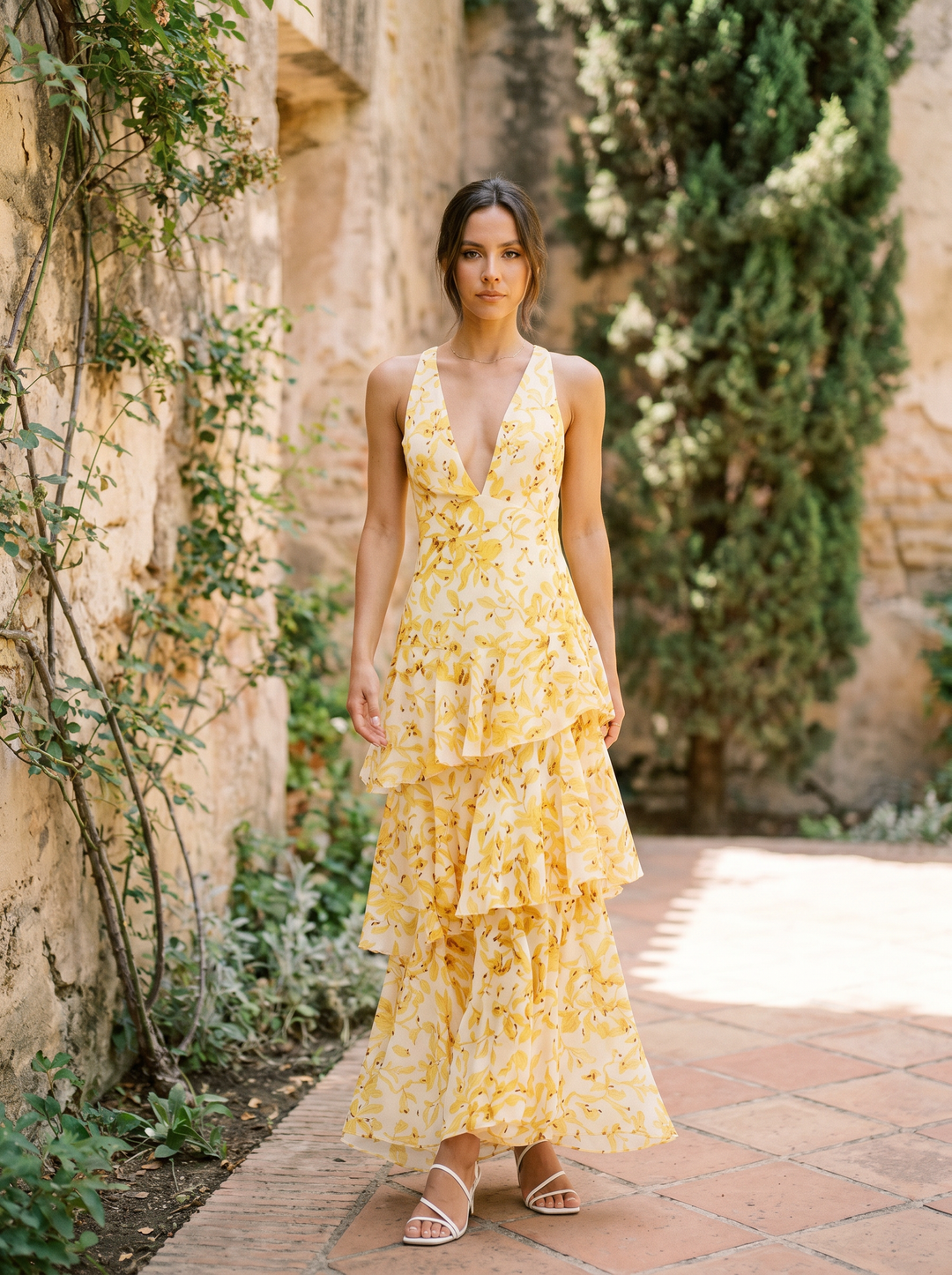 VESTIDO CON ESTAMPADO FLORAL Y ESCOTE PROFUNDO