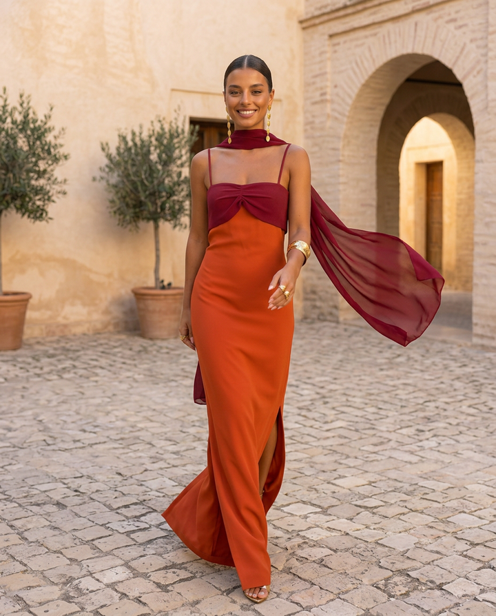 ZAHARA | VESTIDO EN NARANJA CON ESCOTE EN ROJO (PRE ORDER 12-13 JUNIO)